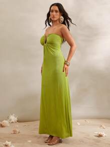 Silquee Women's Lime Green Tube Top Long Glitter Knitted U-Shaped Metal Button Dress,Elegant Summer Casual Beach Vacation Holiday Outfits,Stretch Slit Dress - Lime Green - View 4