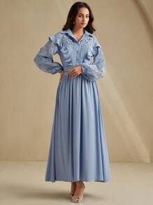 Anewsta Đầm ôm cổ thêu hoa thanh lịch và thời trang, buộc eo - Màu xanh lam - Xem 4