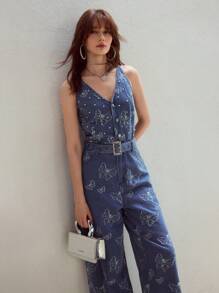 MOTF STUDIO 全身蝴蝶图案仿珍珠细节水钻扣无袖束带阔腿牛仔连体裤 - 藍色 - 查看 4