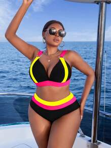 Slaydiva Plus Size Women 2 Pieces Swimsuit, Solid Color Block Hard Cup Push Up Wide Shoulder Strap Paired With High Waist Color Block Bikini Bottom, Fashionable & Sexy For Summer Beach Holiday - Yellow - View 5