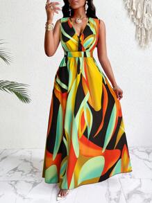 Zolique Đầm Maxi Nữ Cổ Chữ V, Eo, Dệt Kim, Ôm Vừa Vặn, Họa Tiết Nhiệt Đới - trái cam - Xem 3