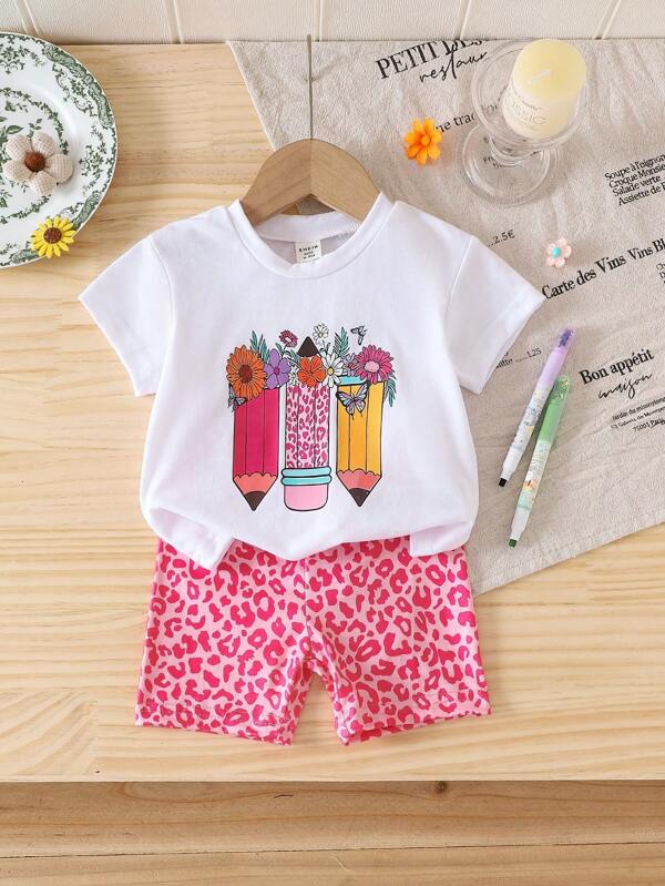 SHEIN Ensemble 2 pièces pour bébé filles 2025 composé d'un Top à manches courtes imprimé crayon mignon et mode + shorts imprimés léopard rose