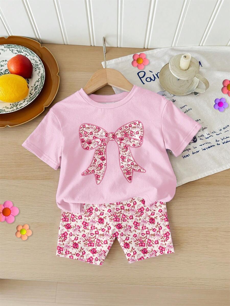 SHEIN Bộ 2 món/Bộ áo ngắn tay đơn giản thường ngày cho bé gái và quần short, thích hợp cho mùa hè - Nhiều màu - Xem 1