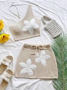 Soleia 新款镂空渐变绿针织长裙，度假风 - 卡其色 - 查看 5