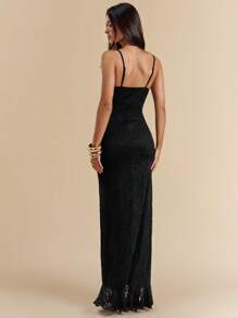 SHEIN BAE 黑色蕾丝荷叶边高开衩礼服，优雅合身，适合音乐节、海滩度假、万圣节服装 - 黑色 - 查看 2