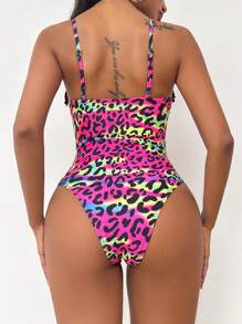 Swim EVENT Leopard Frill Trim Spaghetti Strap One Piece Swimsuit For Summer Beach Vacation