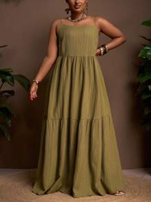 Veslaya 2025 Plus Size New Arrival Summer Green Solid Color Comfortable Stretchy Sleeveless Loose A-Line Dress - Army Green - View 10