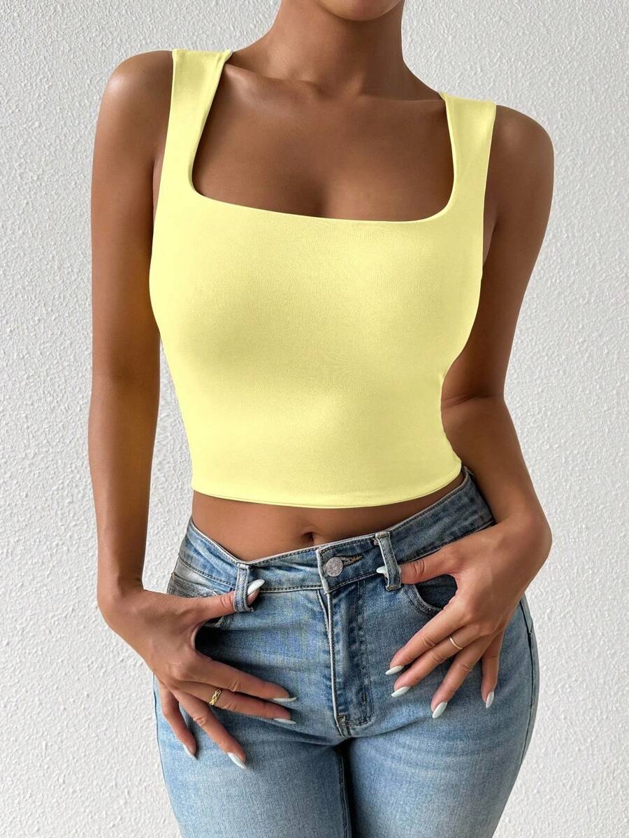 SHEIN Unity Square Neck Sleeveless Tank Top,Summer,Basic Going Out Tank Top,Vacation,Office - Yellow - View 1