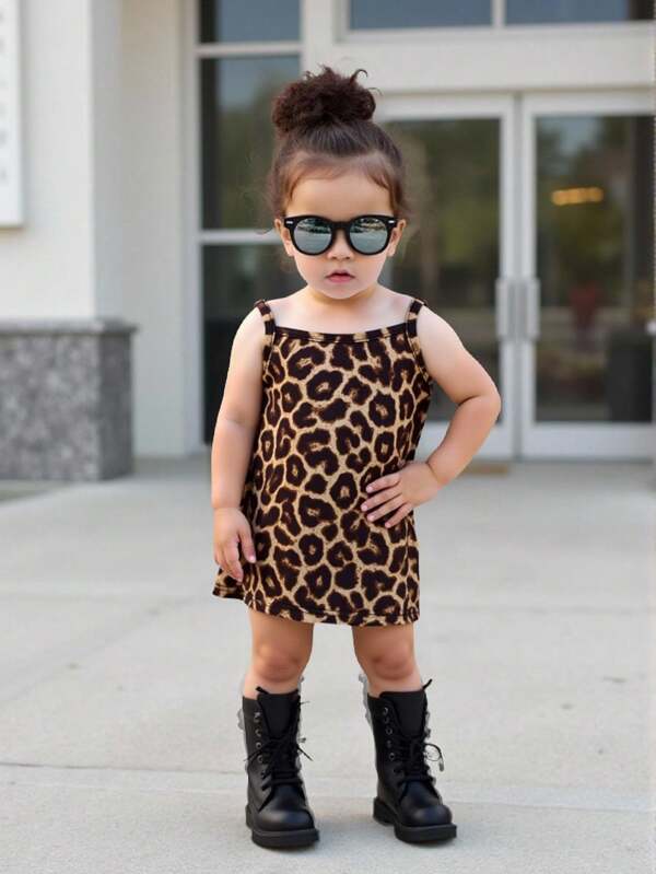 Rochie pentru bebeluși cu imprimeu leopard, casual și elegantă, fără mâneci, croială potrivită, material tricotat cu model leopard, potrivită pentru petrecere de ziua de naștere, botez, prima aniversare, petrecere de seară, spectacole, nunți și alte ocazii