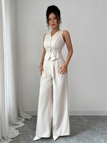 Modelyn 2pcs/Set Women Sleeveless Vest And Skinny Pants Suit - Apricot - View 3