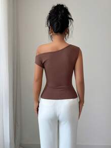 Elenzga Women Asymmetric Collar Solid Color Top, Summer Fashion - Brown - View 2
