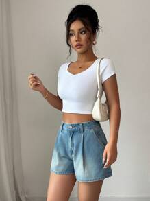 Elenzga 女士口袋褶皱阔腿宽松休闲百搭牛仔短裤 - 中等水洗藍 - 查看 4