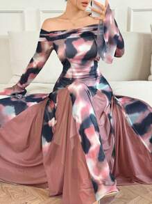 Modelyn Women's Long Off Shoulder Flare Mesh Romantic Tie Dye Design Korean Style Elastic Elegant Flare Sleeve Maxi Dress - Multicolor - View 4