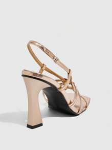CUCCOO SZL Sandalias de moda de verano para mujer con cordones, punta cuadrada y tacón alto dorado - Champán - Ver 3