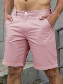 Manfinity Homme 男士纯色休闲直筒宽松短裤男士粉色短裤男士正装短裤男士高尔夫短裤男士短裤粉色短裤。送给男朋友或丈夫的绝佳礼物。 - 粉色 - 查看 2