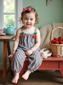 SHEIN Vintaside Kids Baby Girls' Summer Casual Classic Woven Black & White Gingham Jumpsuit With Cherry Decor - Black and White - View 1