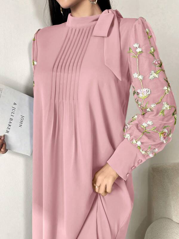 Yasmyna Women's Floral Embroidered Patchwork Long Sleeve Ruched Maxi Abaya Dress, Casual Modest Tunic Maxi Arabian Dresses, For Evening Party/Wedding Guest/Anniversary