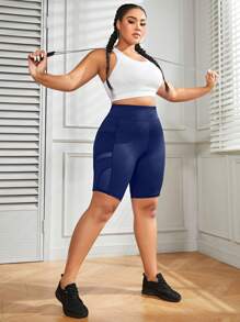 Easithlete Plus Size Sports Mesh Splicing Striped Shorts Workout Short - Navy Blue - View 4
