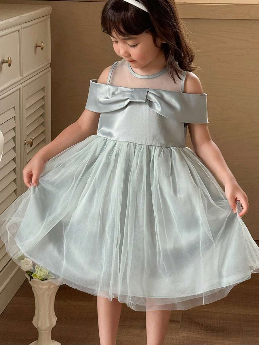 SHEIN Little Byeori 年轻女孩优雅露肩网眼拼布派对连衣裙 - 綠色 - 查看 1