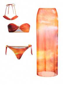 Swim Oasis Set de 3 piezas, Conjunto de bikini y falda con estampado de puesta de sol, decoración de metal fruncido y correa para el hombro desmontable, conjunto de verano para la playa - Multicolor - Ver 1