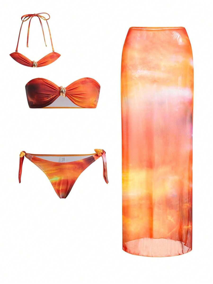 Swim Oasis Set de 3 piezas, Conjunto de bikini y falda con estampado de puesta de sol, decoración de metal fruncido y correa para el hombro desmontable, conjunto de verano para la playa - Multicolor - Ver 1