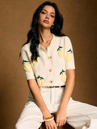 Poéselle Lemon Embroidery Casual Knitted Short Sleeve Cardigan Fall Clothes For Women,Tops For School