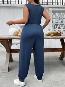 SHEIN LUNE 大码女式夏季纯色腰带休闲无袖圆领口袋连体裤 - 藍色 - 查看 2