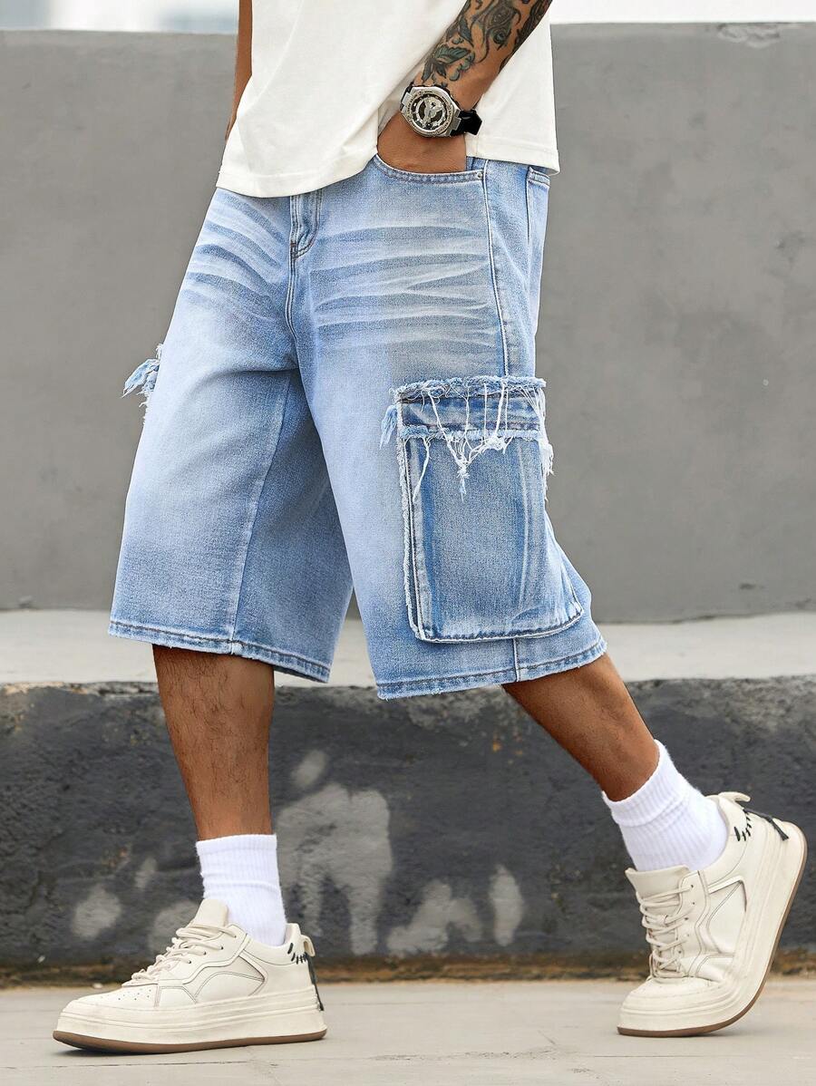 Manfinity Homme Men's Light Wash Denim Wide Leg 5 Inch Shorts - Light Wash - View 1