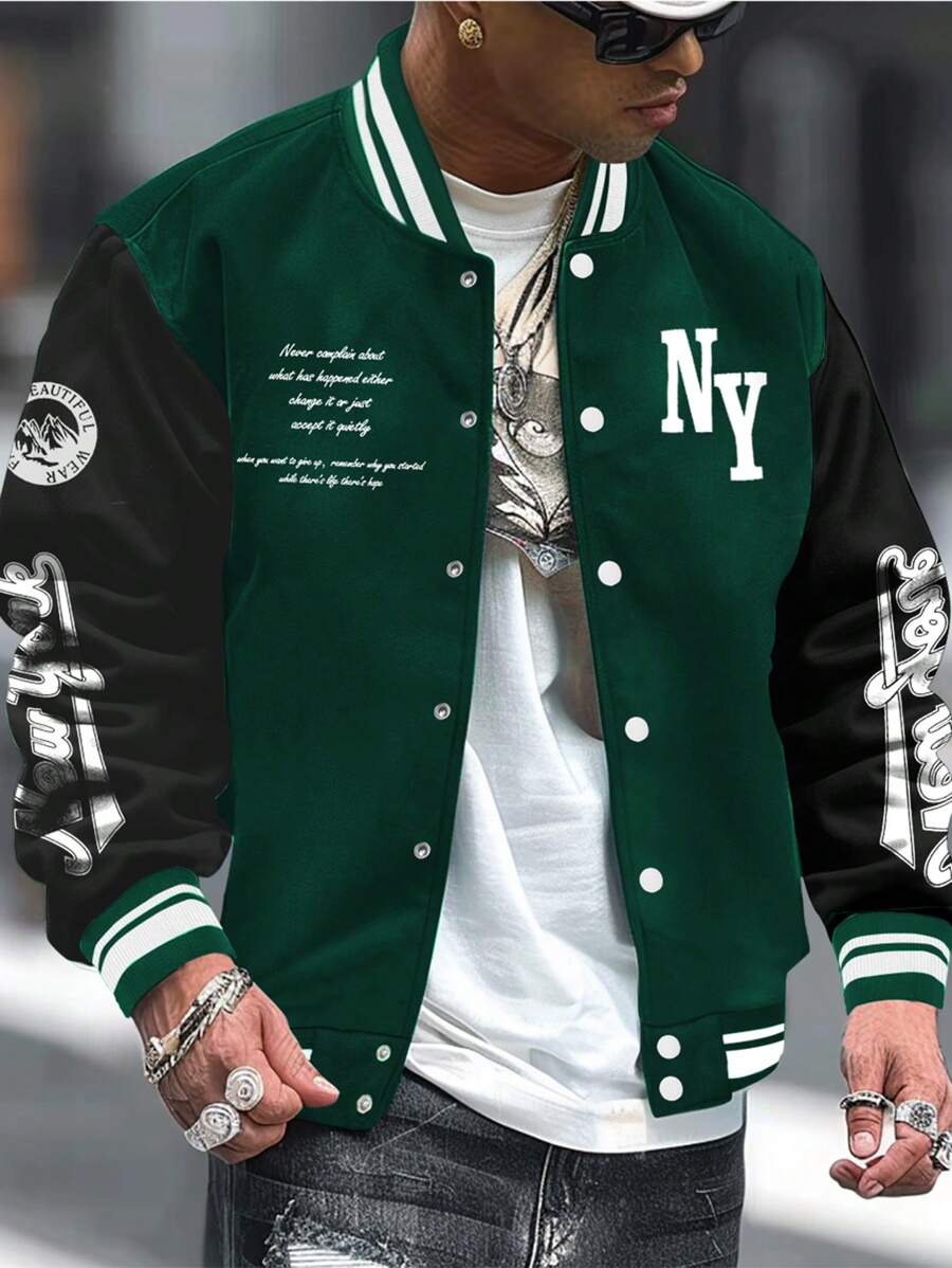 Manfinity LEGND 男士撞色字母印花前扣长袖夹克外套男士校队夹克棒球夹克街头风夹克纽约夹克，绿色校队夹克，校队夹克飞行员夹克，男士夹克街头风，秋季 - 彩色 - 查看 1