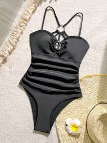 SHEIN 少女度假圆形镂空抽绳连体泳衣，沙滩装 - 黑色 - 查看 1