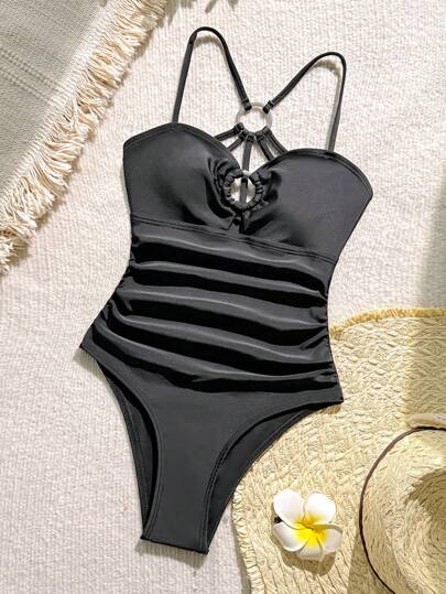 SHEIN 少女度假圆形镂空抽绳连体泳衣，沙滩装