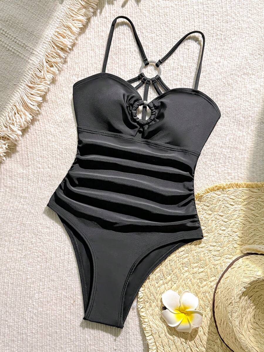 SHEIN 少女度假圆形镂空抽绳连体泳衣，沙滩装 - 黑色 - 查看 1