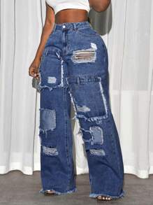 Quần jeans rách dạo phố thường ngày cỡ lớn cho nữ - Rửa trung bình - Xem 3