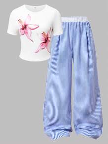 Lunivi Set de 2 piezas de ropa casual para adolescentes, top de ajuste ceñido con cuello redondo y estampado floral y pantalones anchos de cintura elástica a rayas, para verano