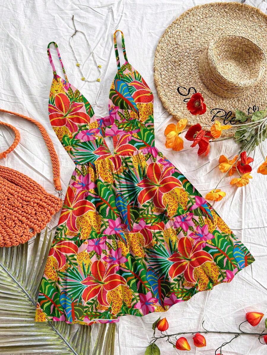 Soleia 女士休闲度假 V 领镂空、露背伞形下摆迷你连衣裙，适合夏季度假，多层荷叶边下摆，波西米亚风，波西米亚风格，热带树叶印花，豹纹印花，花卉印花 - 彩色 - 查看 1