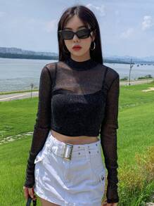 DAZY Mock Neck Glitter Mesh Top Without Cami Top Going Out Tops Sheer