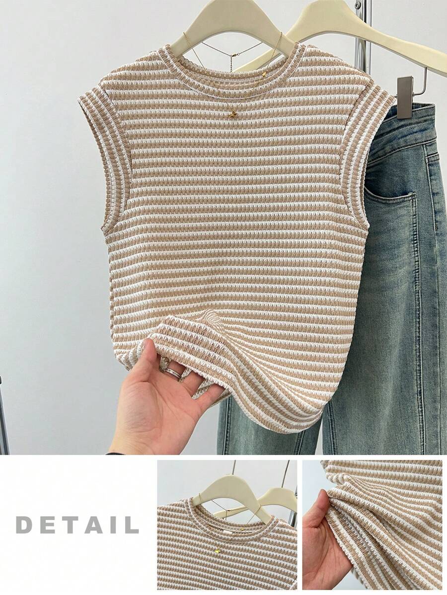 SHEIN Áo thun tay ngắn cổ tròn kẻ sọc đơn giản cho bé gái tuổi teen, tối giản và thoải mái cho trang phục hàng ngày/ở nhà - Màu be - Xem 1