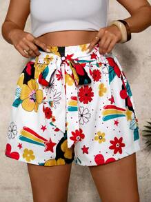 Travachic Plus Size Women's Colorful Floral Print Ruffle Waist Shorts With Belt And Pockets, Summer Vacation - Multicolor - View 5