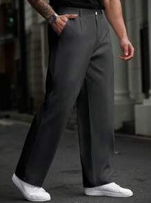 Manfinity Homme Quần ống đứng màu trơn thường ngày cỡ lớn cho nam, mùa thu - Xám - Xem 5