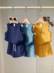 SHEIN 6件套男婴可爱休闲针织上衣和短裤套装，夏季基本款服装 - 藍色 - 查看 5