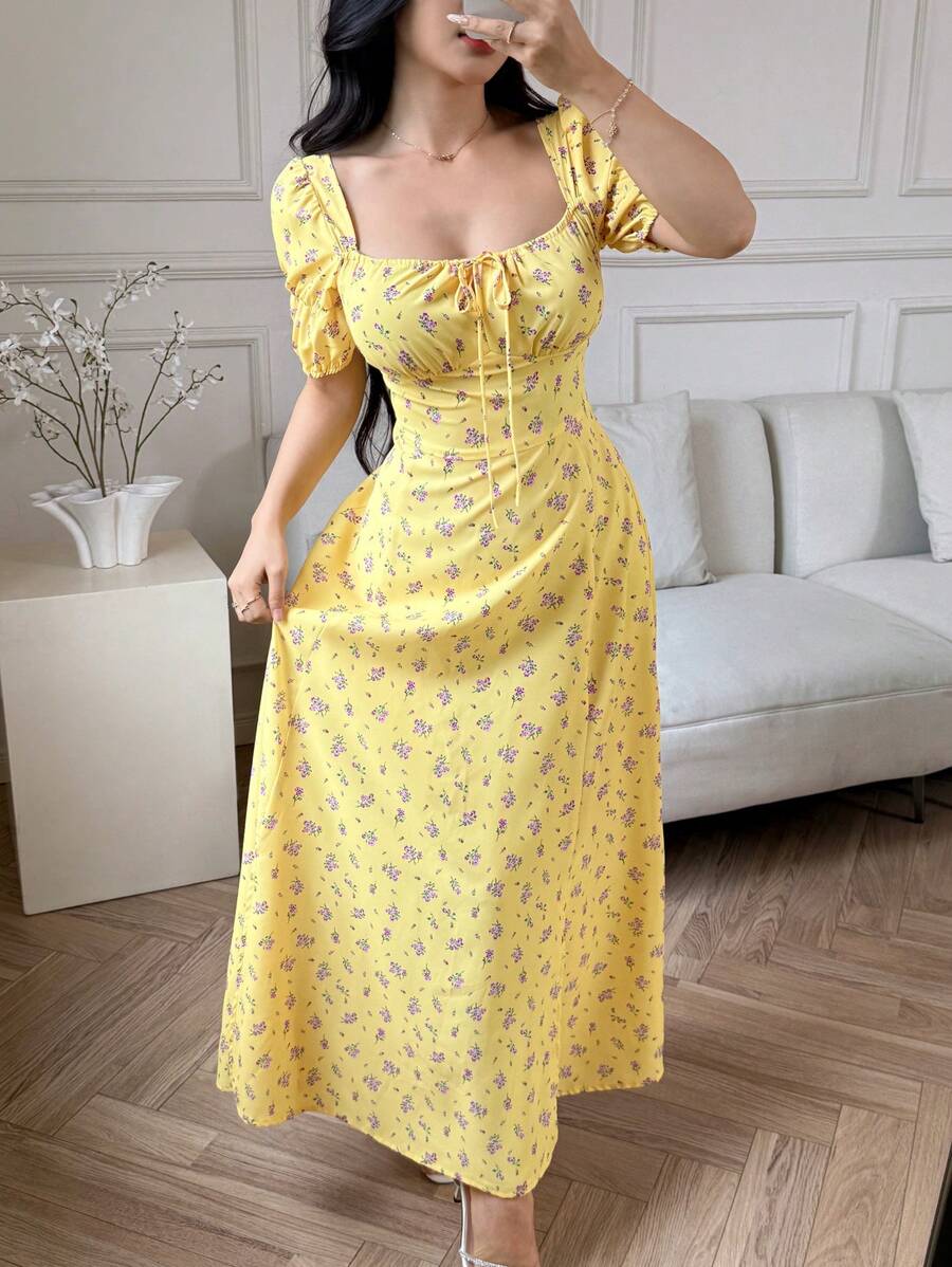 Modelyn Damen Kleid mit quadratischem Ausschnitt, kleinem Blumenmuster, Schlitz, Urlaubsstil, Sommer, Kurzarm, lange Abendkleider - Butter Yellow - Übersicht 1