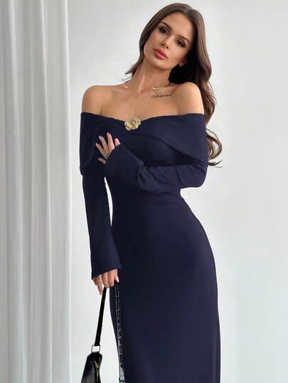 Firerie Elegant & Refined Romantic Fashion Off Shoulder Black Bodycon Long Sleeve Dress With Metal Decor, Autumn,Fall Dresses For Women,Prom Dress