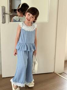 SHEIN Conjunto de top sin mangas con cuello de volantes y pantalones largos estilo princesa coreano y japonés para niñas jóvenes - Azul y blanco - Ver 3