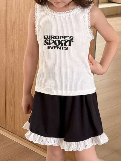 SHEIN Little Byeori Young Girls Casual Floral Trim Letter Print Knit Top