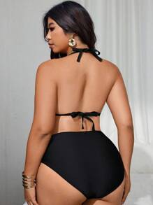Swim SXY Conjunto de 2 piezas de talla grande con bikini de triángulo con estampado dorado y escote halter, traje de baño sexy y casual para la playa