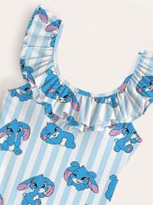 SHEIN 小女孩卡通条纹印花荷叶边连体泳衣，适合度假 - 彩色 - 查看 5