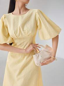 Heiryn Women Solid Color Round Neck Short Puff Sleeve Pleated Elegant Arabian Style Dress - Yellow - View 3