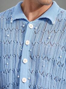 Manfinity Homme Men's Faux Pearl Decor Short Sleeve Hollow Out Single-Breasted Knit Sweater,Baby Blue Summer Elegant Vacation Crochet Shirt Knitted Shirts For Men - Blue - View 5