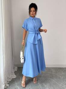 Rafferiza 时尚休闲百搭宽松短袖上衣，前系带和 A 字迷你裙两件套，适合年轻女士，蓝色，春夏 - 藍色 - 查看 3
