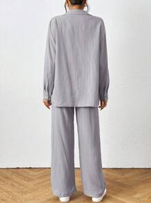 SHEIN PETITE 2 件套女士纯色纹理面料长袖衬衫和宽松裤子套装，夏季